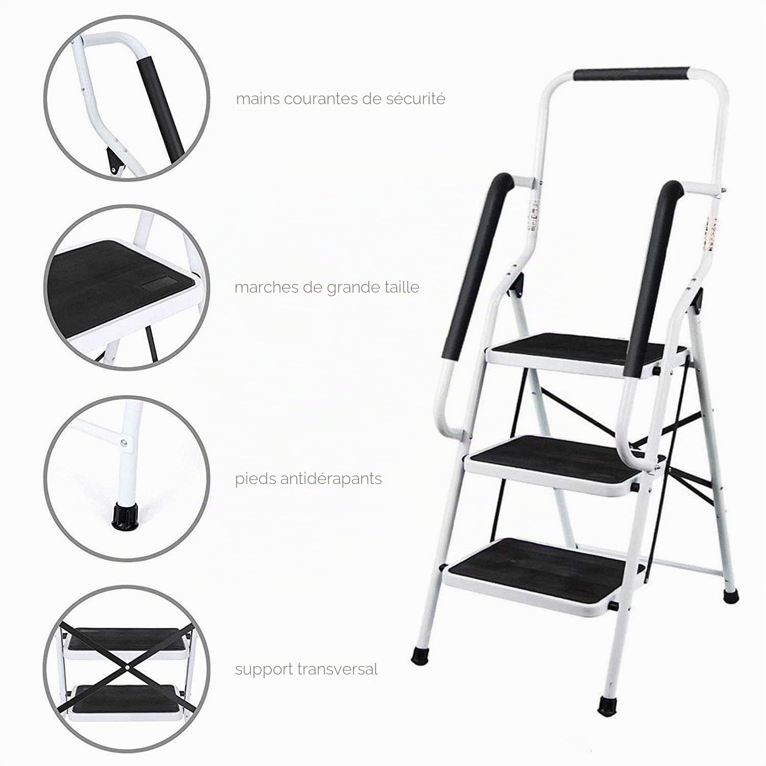 Escabeau 3 Marches Pliant avec Sécurité Rail de Support Acier Escabeau Pliable 3 Marches Échelle pour Cuisine Bureau Utilisation