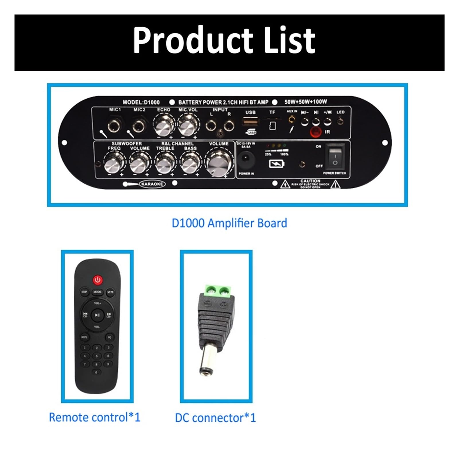 Placa amplificadora Bluetooth D1000 de 50 W + + 100, Amplificador subwoofer Recargable 2.1 Canales Compacto e Inteligente