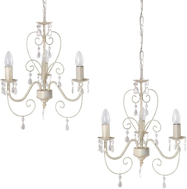 Pair of - Vintage French-Style Three-Way Chandelier Ceiling Lights in a Distressed White/Cream Finish