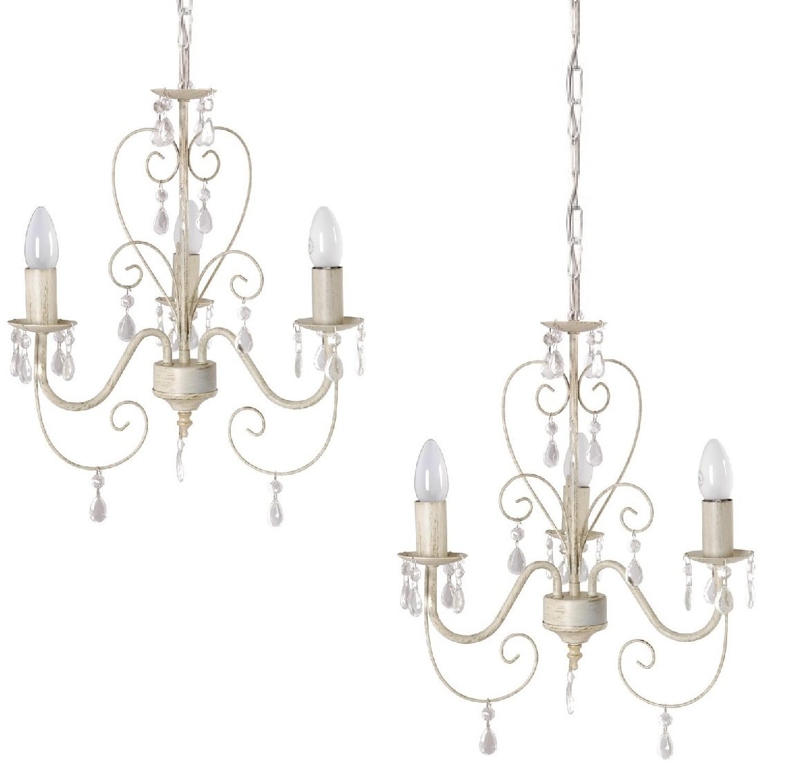 MiniSun | Vintage French-Style 3 Way Chandelier in a Distressed White/Cream Finish | Chandeliers, Home Décor & Improvement Essential | Set of 2 | Mains Wired