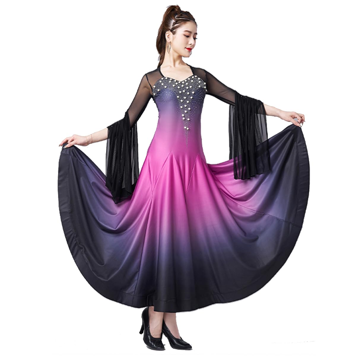 Ropa de Baile de Vals para Mujer, Falda Larga de Tul con Vuelo, de Malla, para Baile de Salón, de Encaje, para Baile Latino, Flamenco, Tango, Competición Social, Sexy (M)