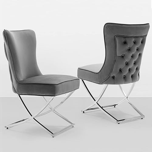 Elegance Velvet Dining Chairs Set of 2, Luxurious Upholstered Tufted Dining Room Chairs, Glam Royal Velvet Accent Chairs with Stainless Steel Legs, Dark Grey