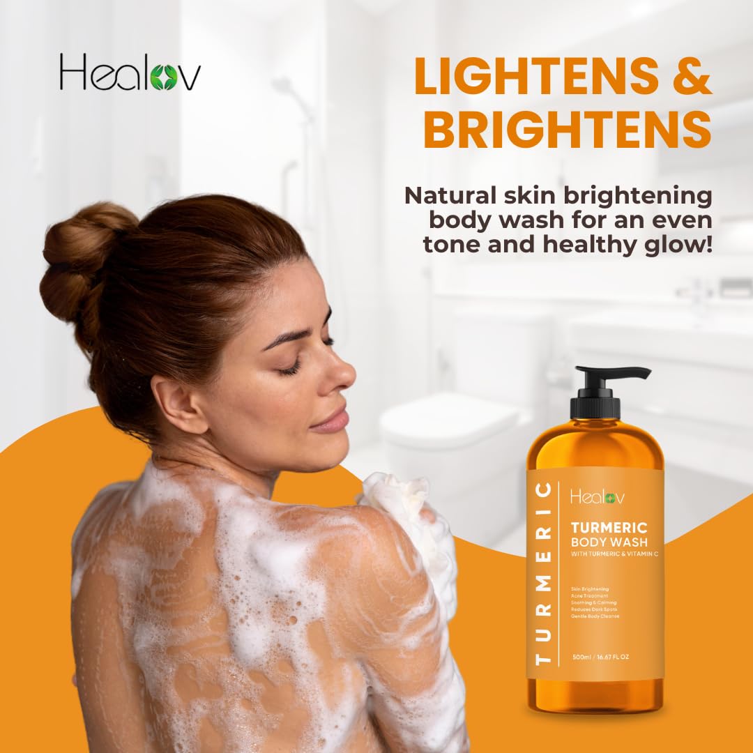 Healov Gel doccia alla curcuma, sapone alla curcuma, illumina la pelle per macchie scure e iperpigmentazione, gel doccia esfoliante alla curcuma, riduce acne, cicatrici e deterge la pelle