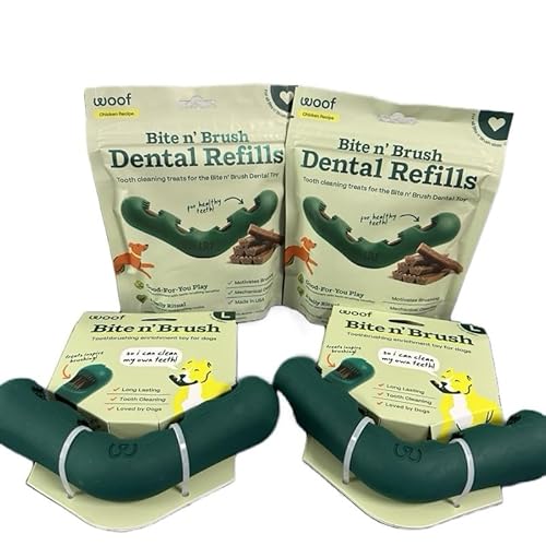 Woof Bite n' Brush Dog Dental Toy with Refills, Large Size, Chicken Flavor, Tooth Cleaning Treats, Made in USA
