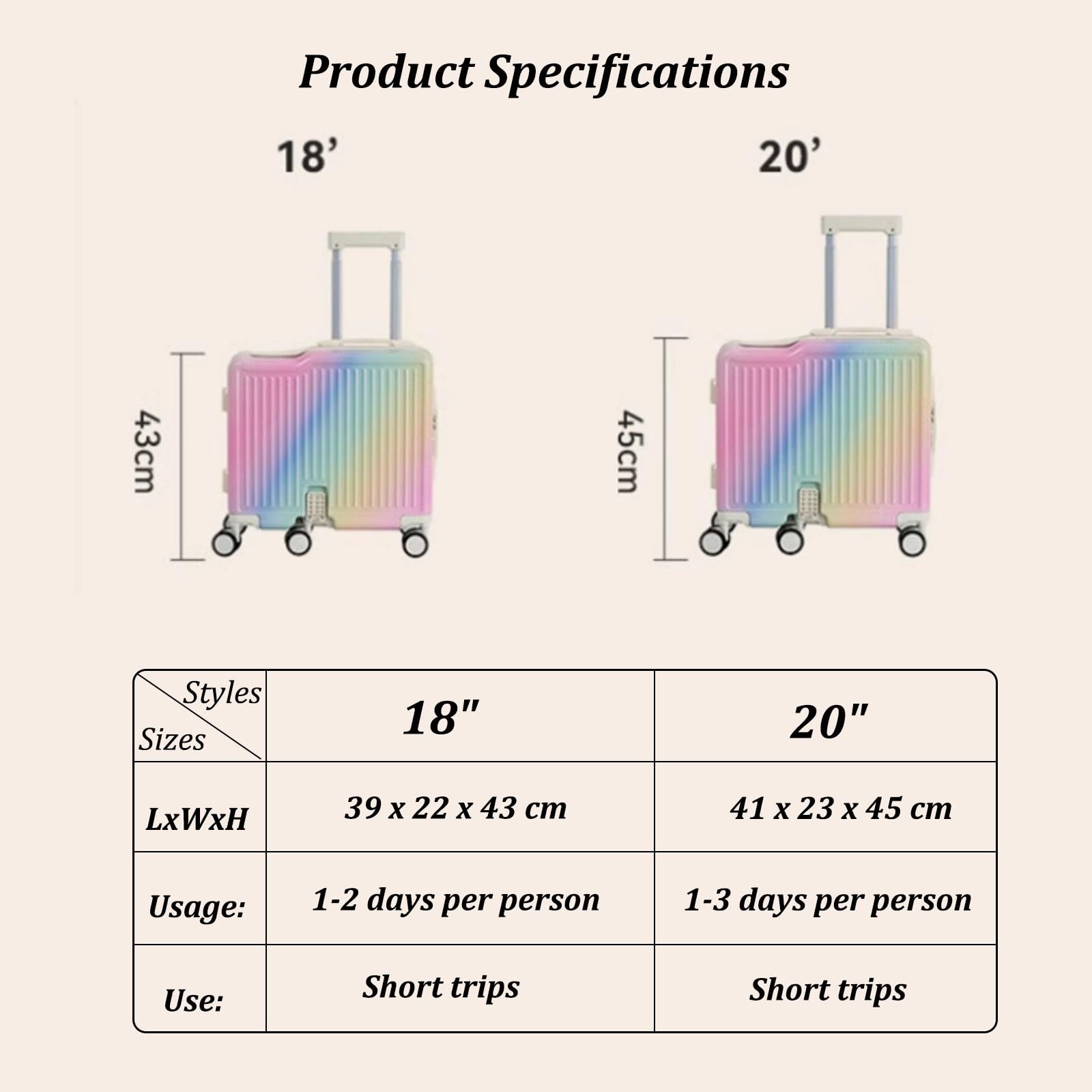 Maleta rígida con Ruedas, con reposapiés Plegable y Gancho, Ligera para Viajes de Negocios y Estudios(Rainbow,20")