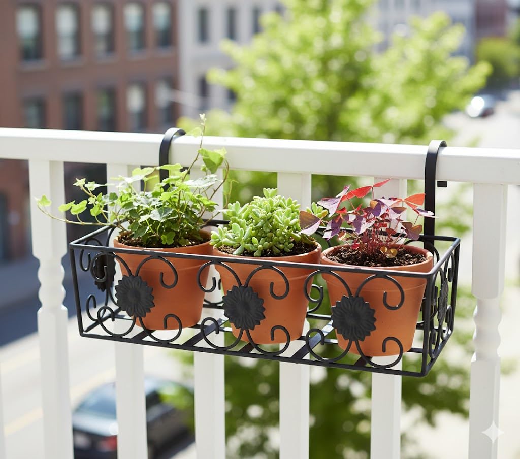 NAYAB Vintage Design Plant Stand Hanging Basket for Railing Fence Wall Balcony Vertical Garden Home Indoor Outdoor (Black Flower Without Pot, 1)