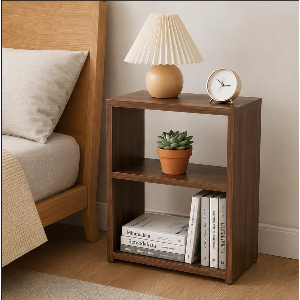 ECOLINE Modern 2-Tier Wooden Side Table – Compact End Table and Nightstand for Living Room and Bedroom, Open Storage Organizer Shelf (Walnut Finish, 40 x 25 x 50 cm)-image-11