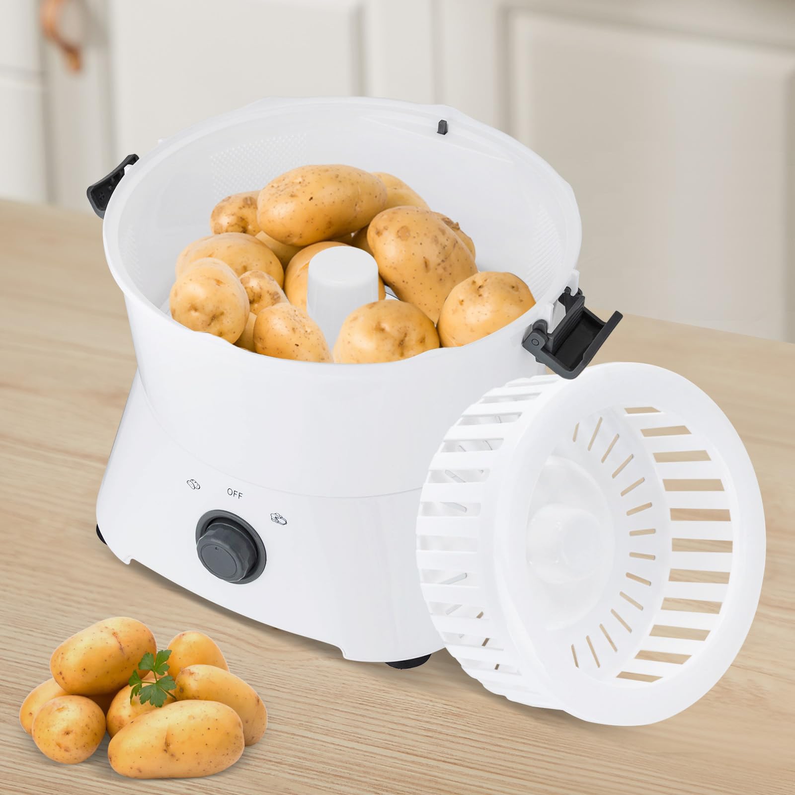 Máquina peladora de patatas, peladora eléctrica de patatas, pelar 2-4 minutos, 85 vatios, 2 velocidades, 0,8 kg, utilizada para secar verduras y pelar patatas (23,6 x 23,6 x 28,3)