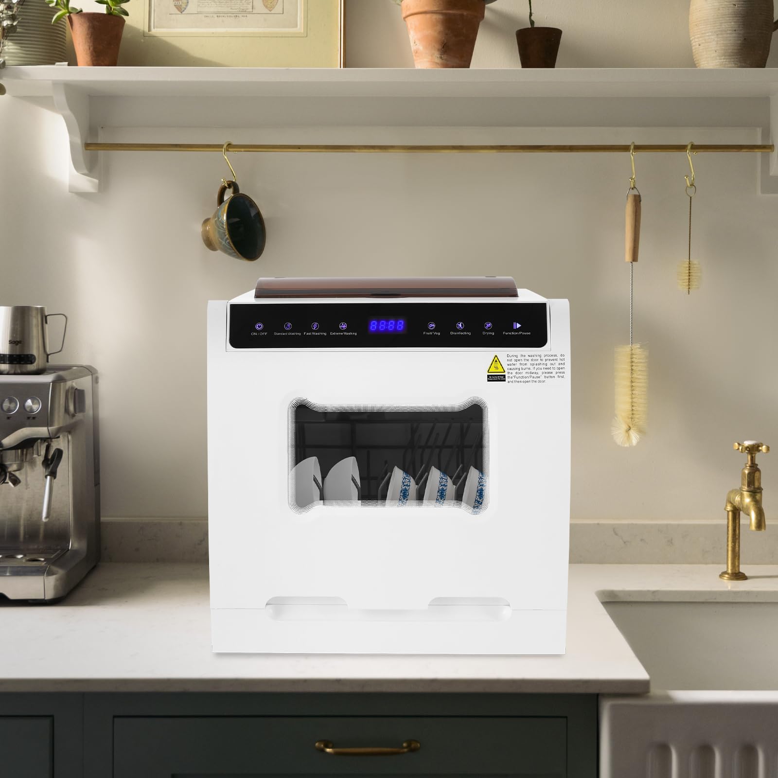 Lavastoviglie da tavolo 1100W con 5 programmi e asciugatura ad aria calda, per 4-6 persone, 72h di conservazione, pannello di controllo touch, finestra, silenzioso 52dB, per appartamento, camper
