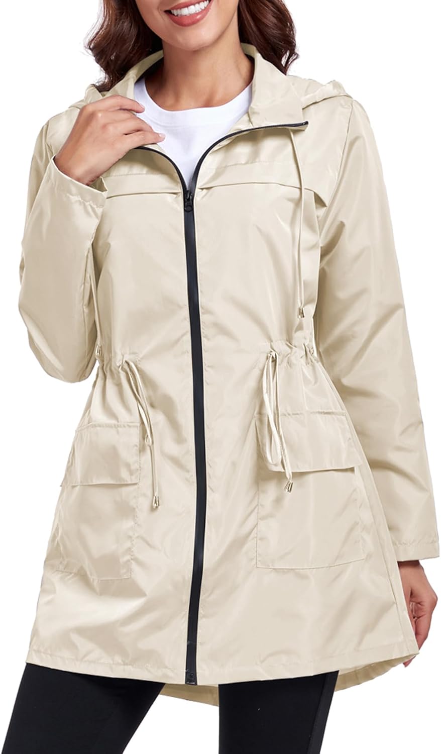 Women Waterproof Raincoat Lightweight Packable Active Outdoor Long Hooded Rain Jacket - Image 3