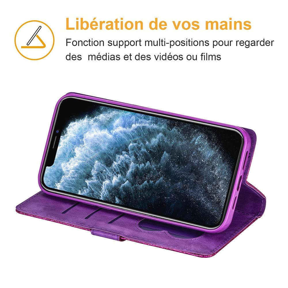 Custodia Portafoglio Glitter Per Xiaomi Redmi 10 2022, Cover In Pelle PU Con Slot Per Schede, Magnetico E Antiurto, Viola Brillantini