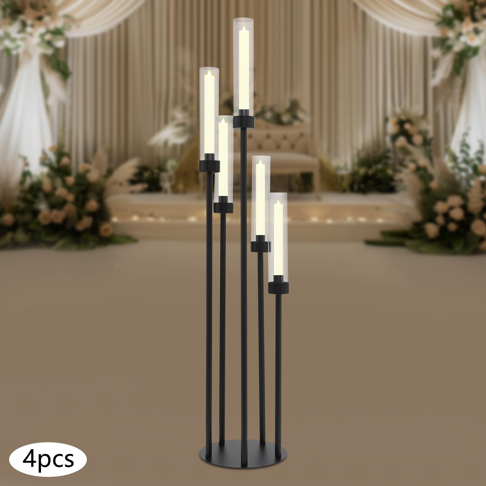 4er-Set Kerzenständer, 5 Armig Boden-Kerzenhalter, Metall Kerzenhalter mit Acryl Lampenschirm, 100cm Hohe LED-Kerzenständer für Heimdekoration, Hochzei, Partys (Schwarz)