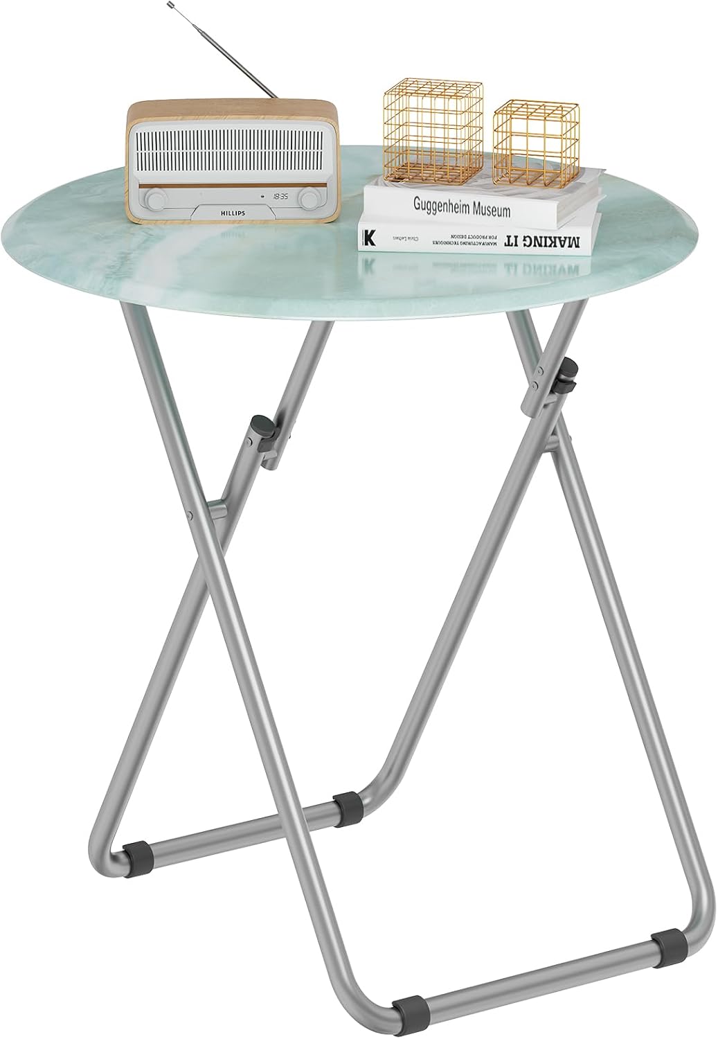 Folding TV Trays, Round Tray Table, Small Foldable Table with Light Weight, Portable Dinner Table for Eating, Snack Side Trays Table, 17.5 x 17.5 x 26 in (Ocean Blue Marble) 1pc Ocean Blue Marble