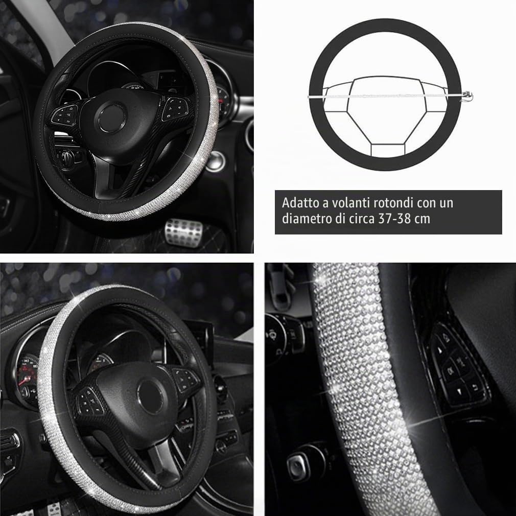 Pahajim Coprivolante Auto Bling Bling Strass Copri Volante Universale 37-38 cm,Copristerzo Auto PU Pelle Traspirante Antiscivolo Interni Accessori per Donne Ragazze (Nero-Bianco)