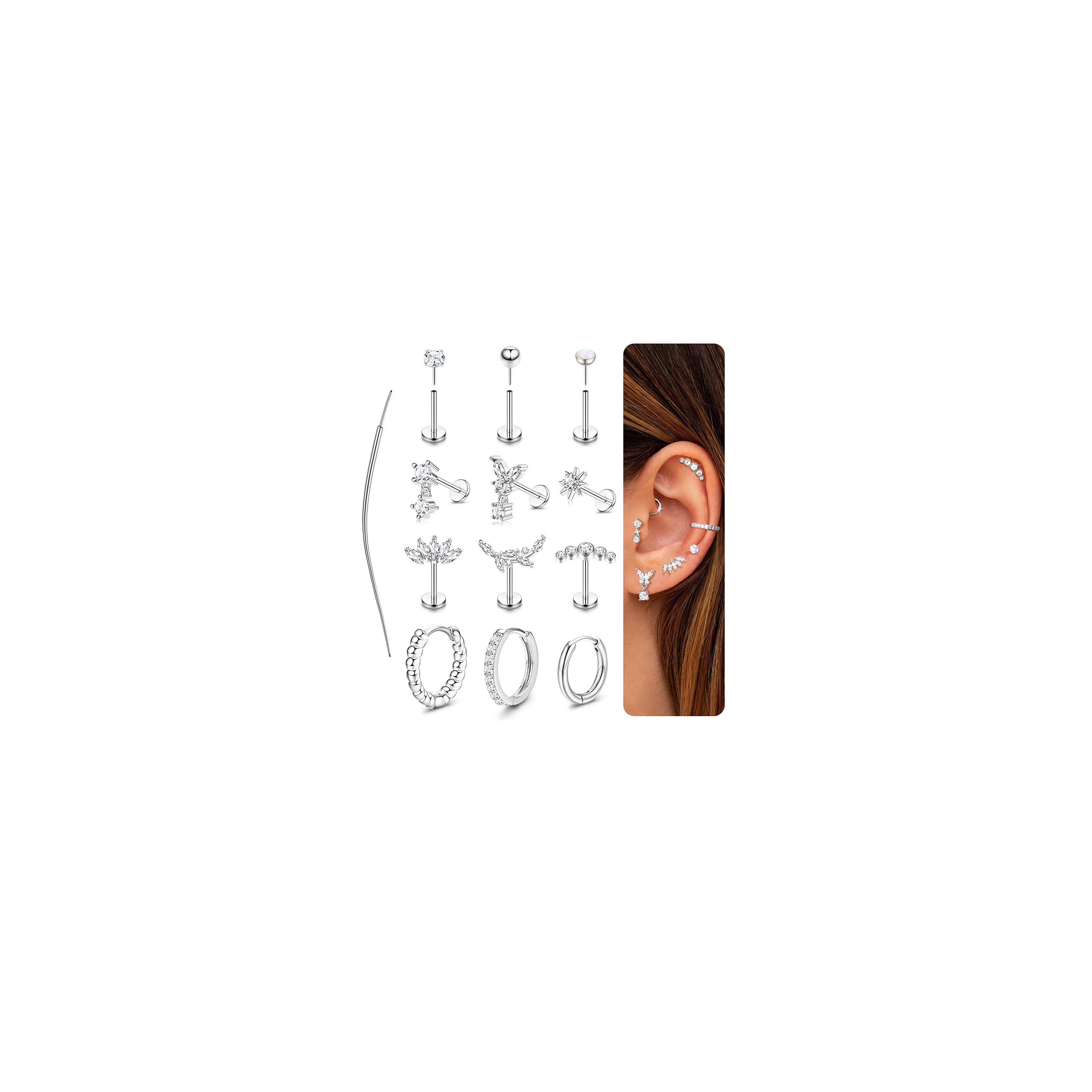 GXNRHG Biżuteria do piercingu Helix Zestaw do przekłuwania tragusa ze stali chirurgicznej Bezgwintowy wciskany płaski tył Labret Kolczyki do nosa Kolczyki na chrząstkę Obręcze Srebrna złota muszla