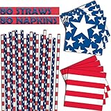 Stars and Stripes - 80 Paper Straws + 80 Beverage Napkins - American Flag Theme, Red White and Blue Party Supplies for Fourth of July, Memorial Day and Patriotic Events