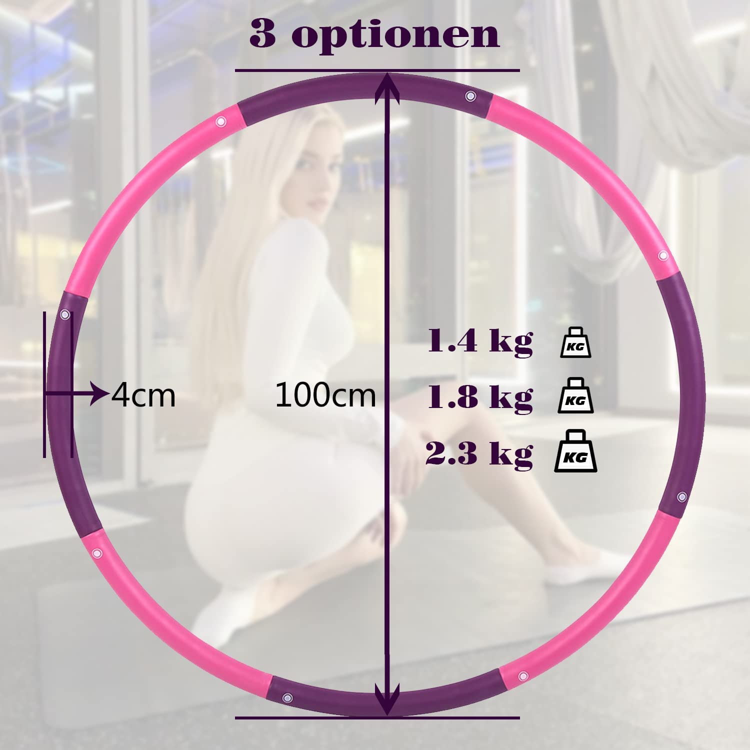 2,3kg Gewicht Hoola Hoop Fitness Hula Hoop Reifen für Erwachsene Anfänger und Fortgeschrittene 8 Teiliger und 100 cm Fitnessgerät für Zuhause Hullahub Reifen zum Abnehmen
