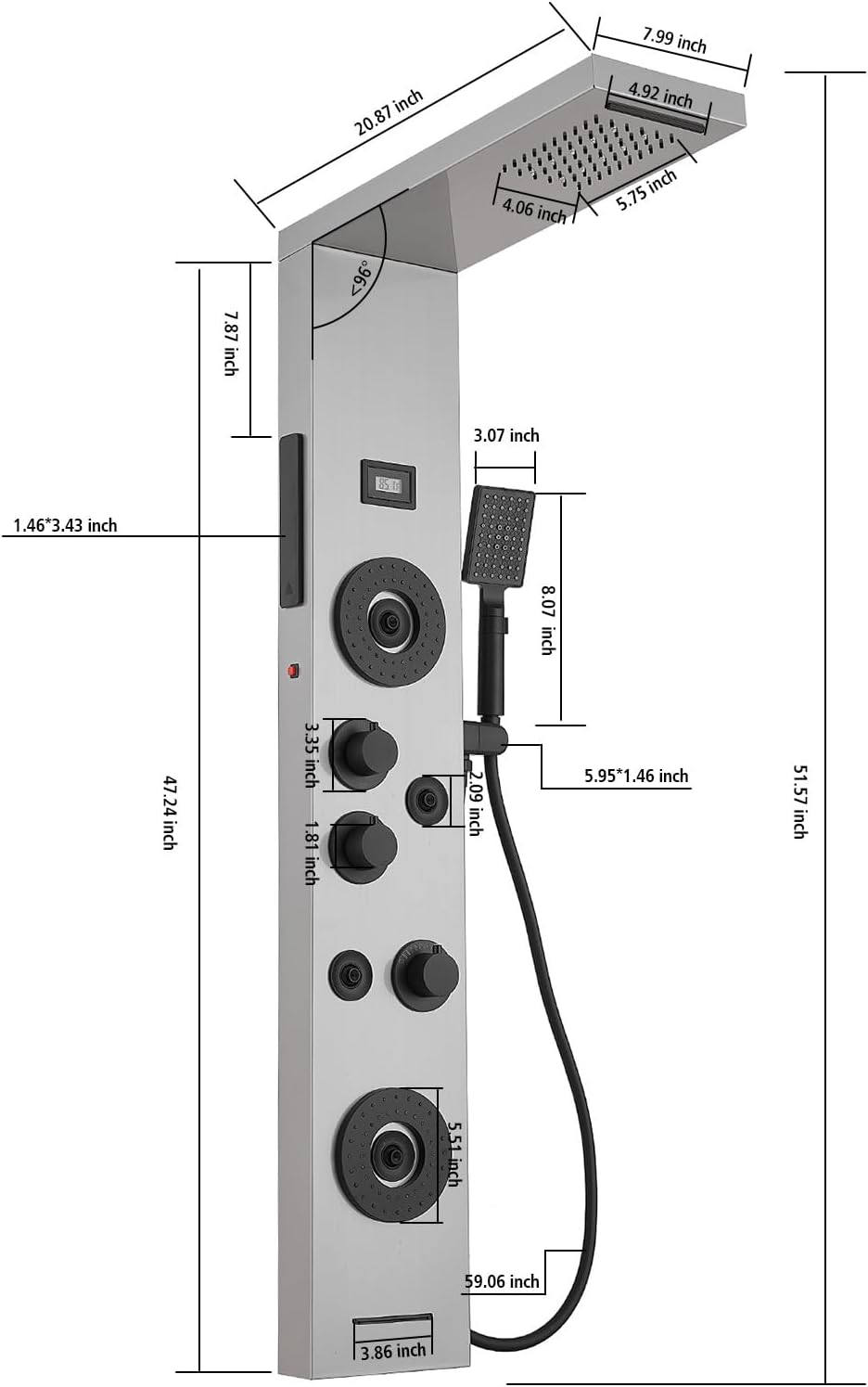 BWE Stainless Steel Shower Panel Tower System,LED Rainfall Waterfall Shower Head,4 Massage Body Jets,3 Functions Handhels Shower and Waterfall Tub Spout,Wall Mounted Shower Panel with Temp Display