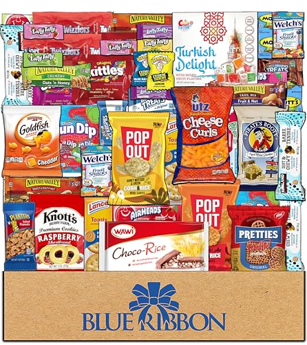 Image of Blue Ribbon Snacks Box Care Package Variety Pack (55 Count) Snacks Food Candy Cookies Bar Chips Mix Bulk for College Students Women Men
