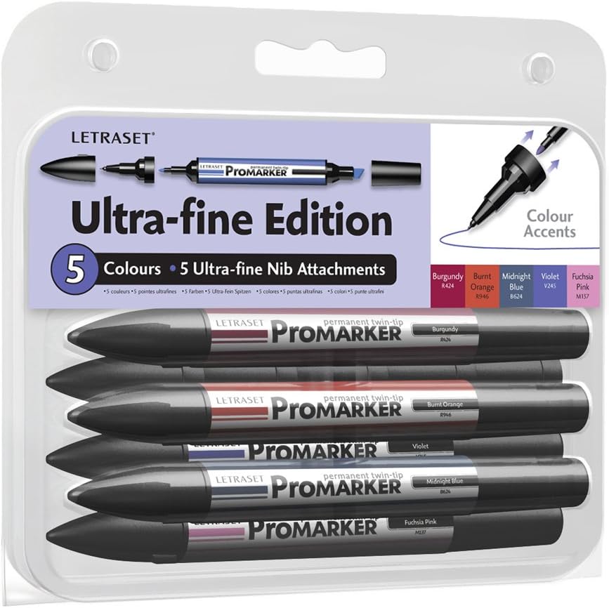 Letraset ProMarker Ultra Fine Edition Set (5 colours + 5 Ultra-fine Nib Attachments) - Colour Accents