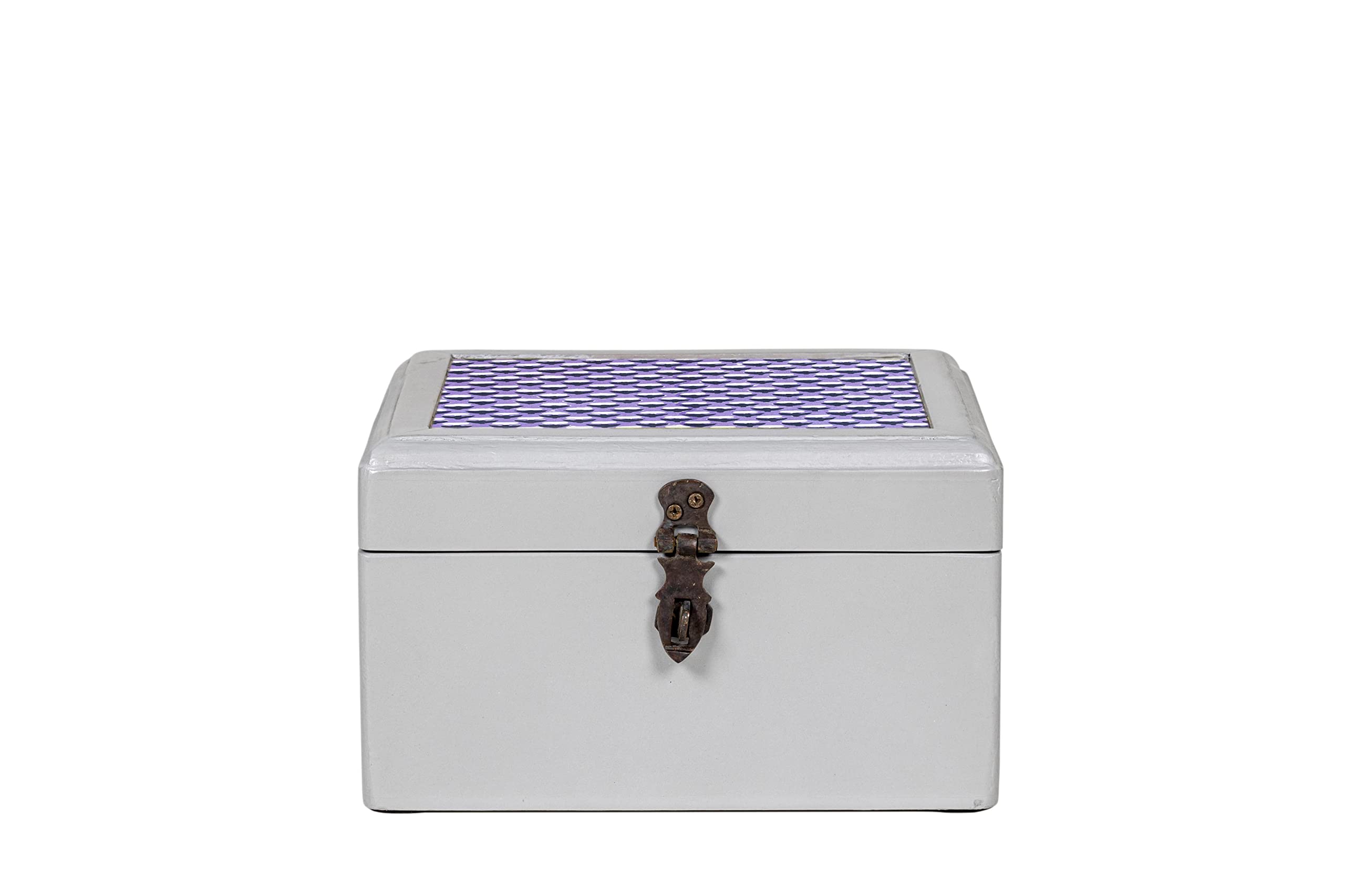 CONTRAST LIVING Vensun Wooden Decorative Jewellery Painted Box with Cotton Fabric on top (Fabric Colour-Purple) (Small, Grey)