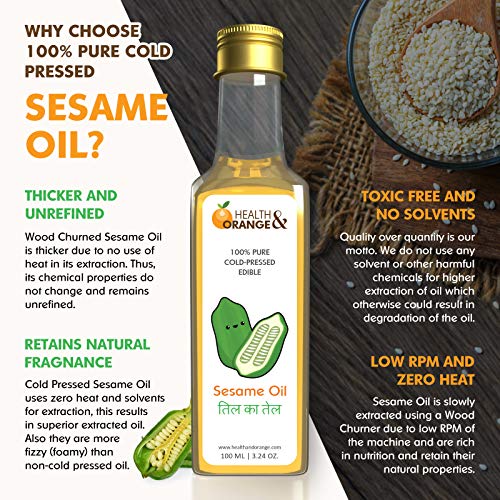 Image of Health and Orange H&O Sesame Oil - 100% Pure Cold Pressed Edible Til Ka Tel, 100Ml Glass Bottle