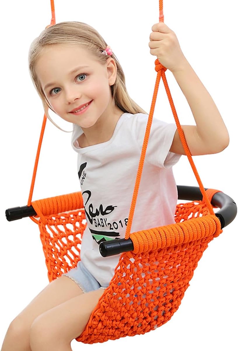 Hand-Knitting Toddler Swing, Swing Seat for Kids with Adjustable Ropes, Little tikes Swings Set, for Outdoor Indoor, Playground, Backyard (Orange)