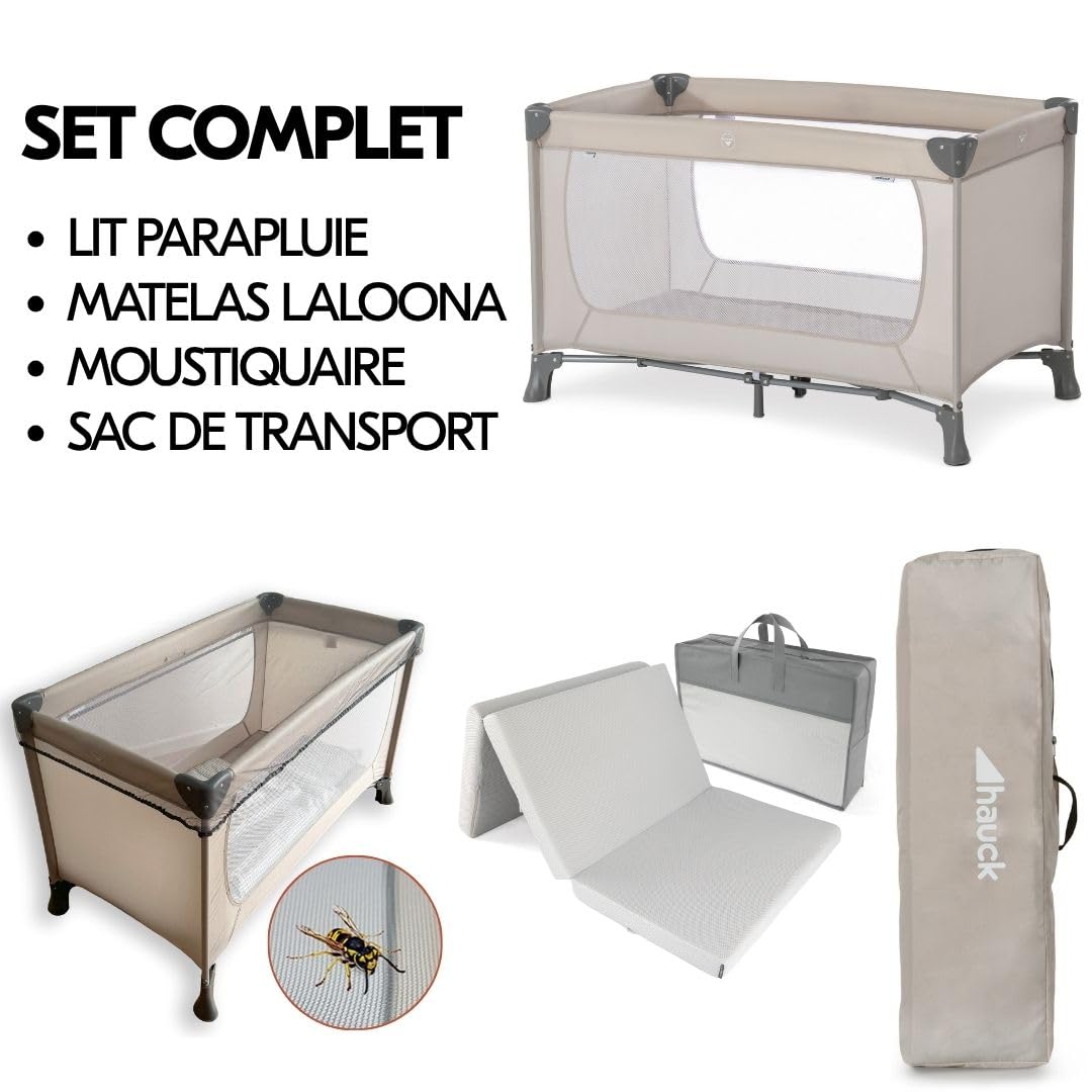 hauck Dream N Play Lit Parapluie Bébé avec Matelas et Moustiquaire - Beige | Lit voyage bébé pliable, compact et léger avec sac de transport I De la naissance à 15 kg, filets respirants
