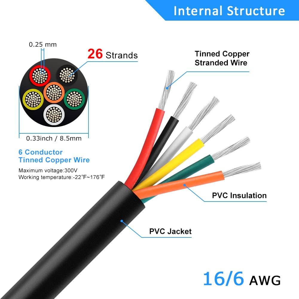 Cable eléctrico de calibre 16 y 6 conductores, cable de extensión 16/6 cables de cobre estañado trenzado de PVC negro de 50 pies, cable de extensión de cable 16/6