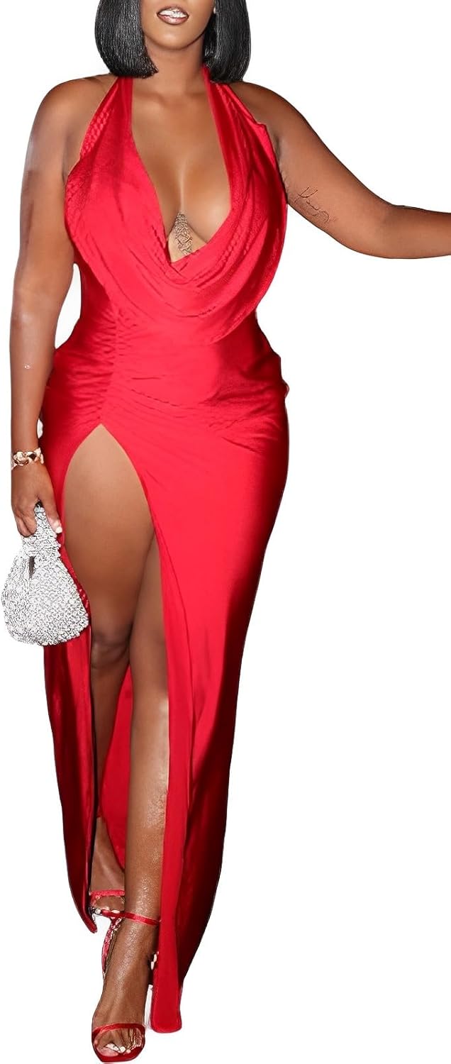 Women's Sexy Halter Sleeveless Birthday Dress Backless Deep V Neck High Slit Bodycon Maxi Dresses Party Gowns Clubwear