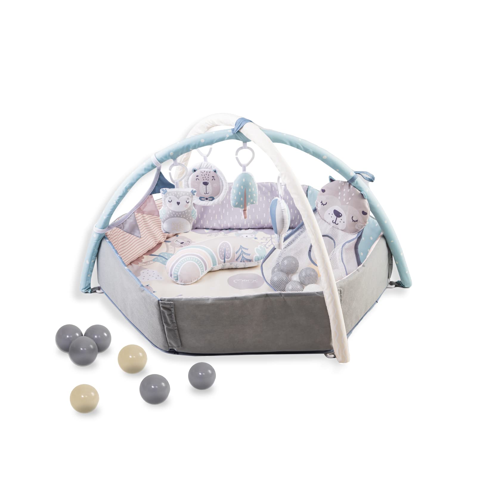 MoMi PASTEL łuk do zabawy z matą do raczkowania 3 w 1 dla dzieci od urodzenia, mata do aktywności sensorycznej z 2 arkuszami, kąpiel z piłkami, 5 zabawek, 30 piłek z torbą, poduszka do raczkowania