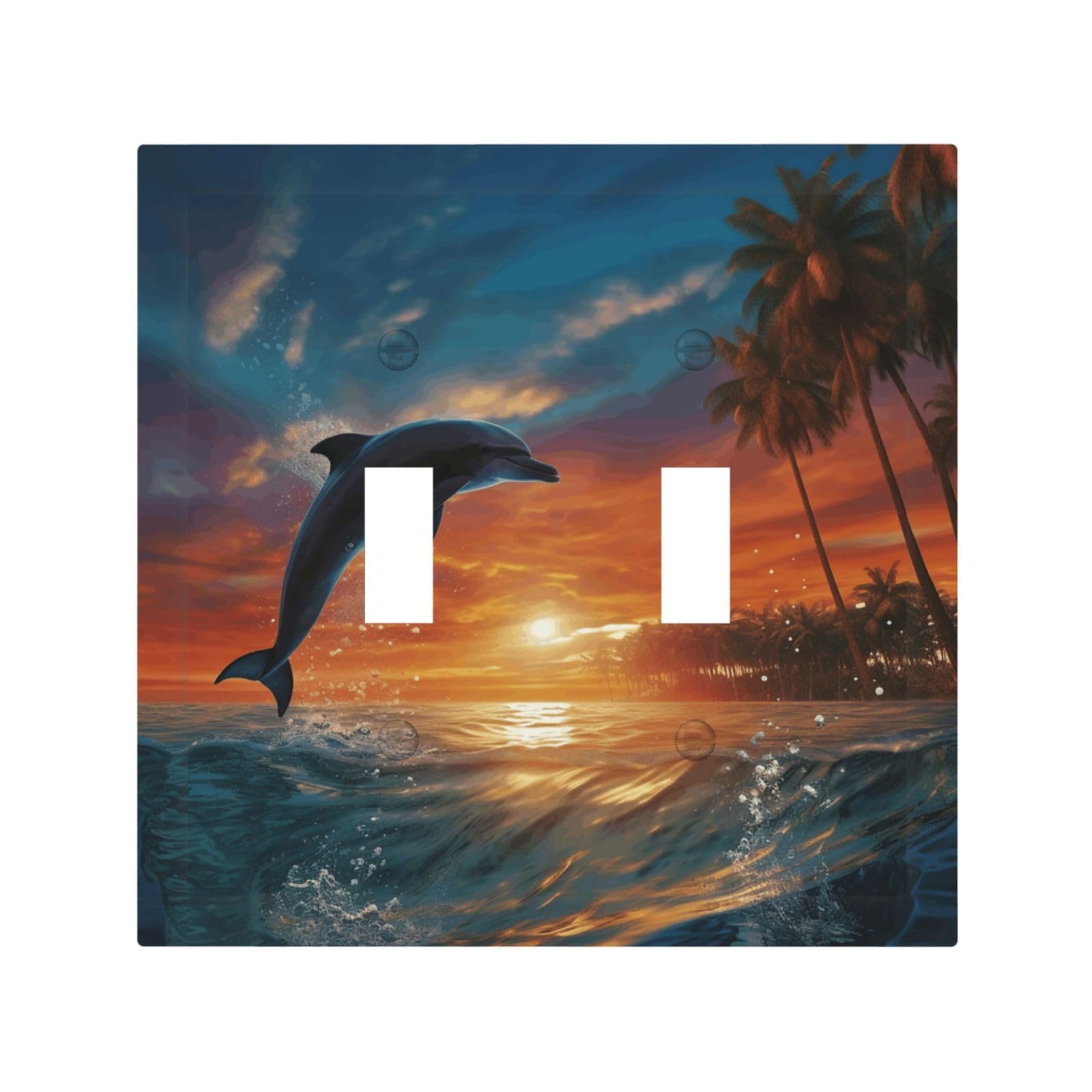 Decorator Double Toggle Light Switch Covers Dolphins and Palm Trees Wall Plate 2-Gang Mid Size 5" x 4.9" Double Toggle Switch Wallplate Decorative 2 Gang Wall Switch Plate Covers