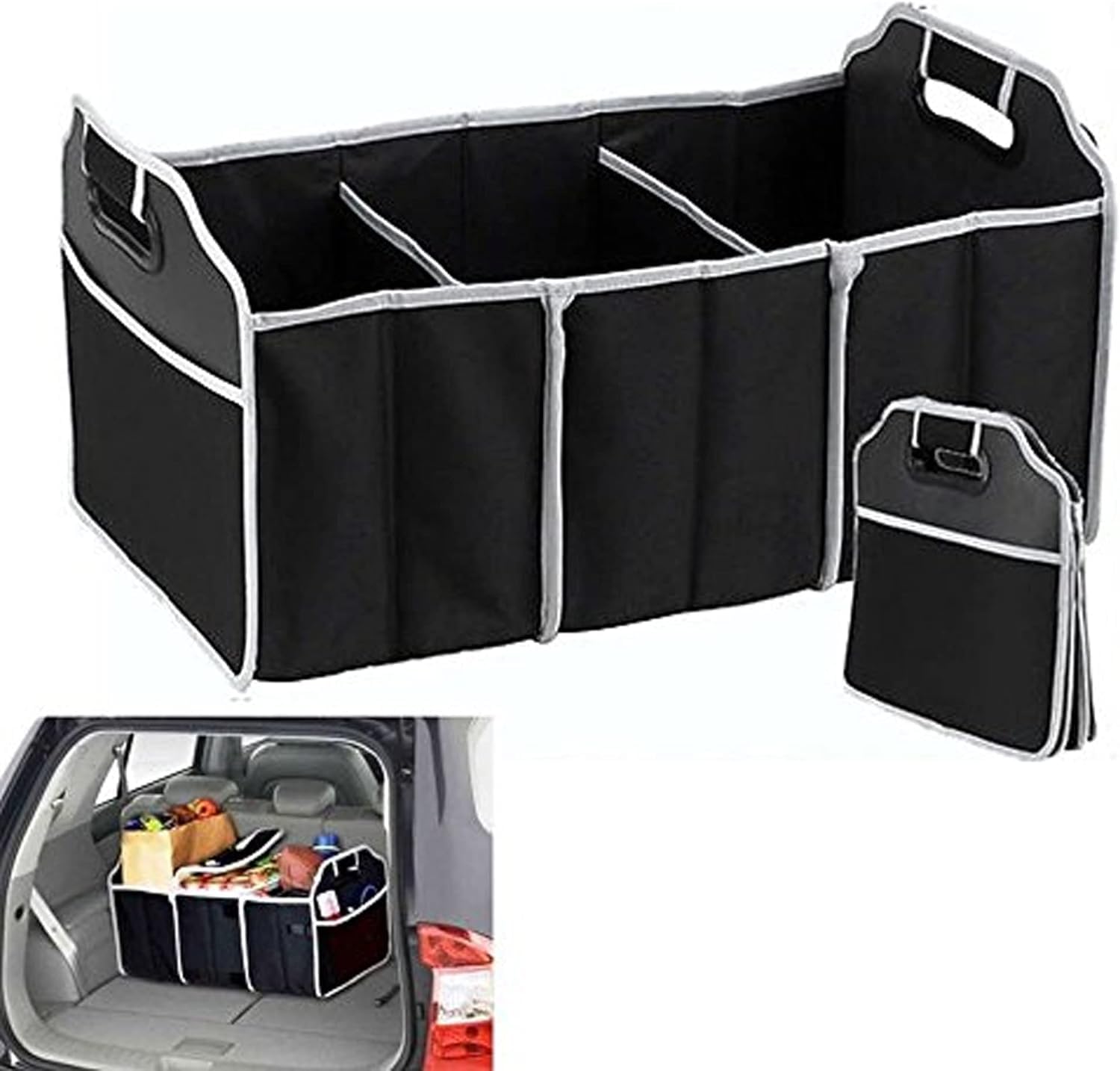plastificCar Boot Organiser - Non-Slip Tidy Boot Bag - Multi-Compartment - Essential Car Accessories, Heavy Duty Collapsible Foldable Shopping Tidy Storage