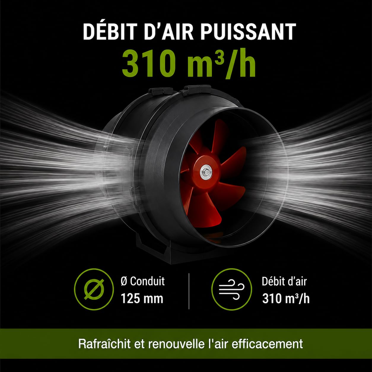 TT125 – Luftabzug Ø 125 mm – Rohrventilator 310 m³/h – Rohrabzug für Belüftung, Innenanbau, Werkstatt, Garage – EU-Stecker