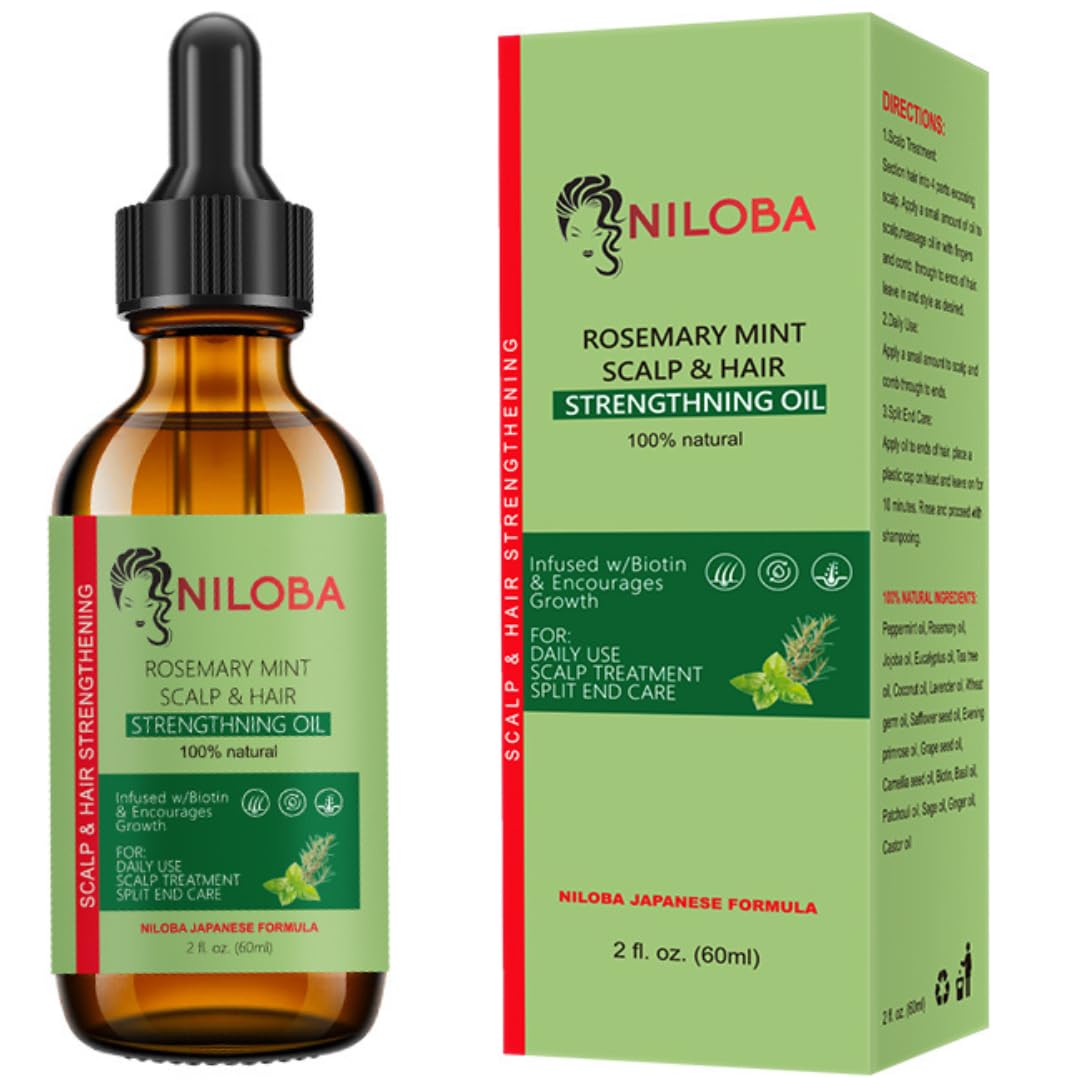 NILOBA Hair Orgánico Romero Menta Cabello Aceite y Cuero Cabelludo Aceite Fortalecedor Natural Japonés Fórmula para todo tipo de cabello, Hombres y Mujeres, 2Fl Oz, (60 ml)