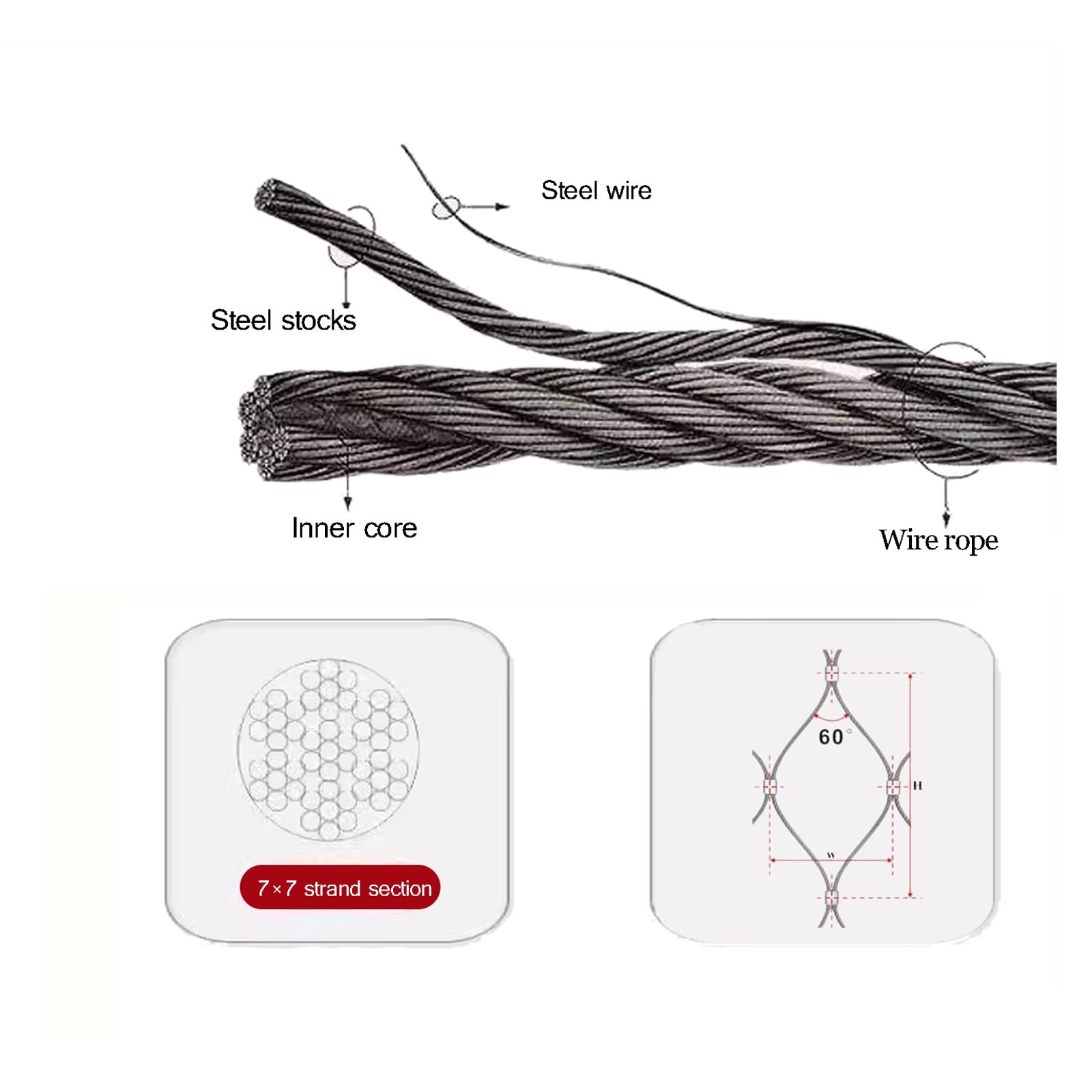 Gancio di sicurezza a forma di X in acciaio inossidabile con chiusura a scatto, cavo flessibile personalizzabile, spessore 2,5 mm, dimensioni H 1,2 m x L 7 m / H 1,2 m x L 7 m