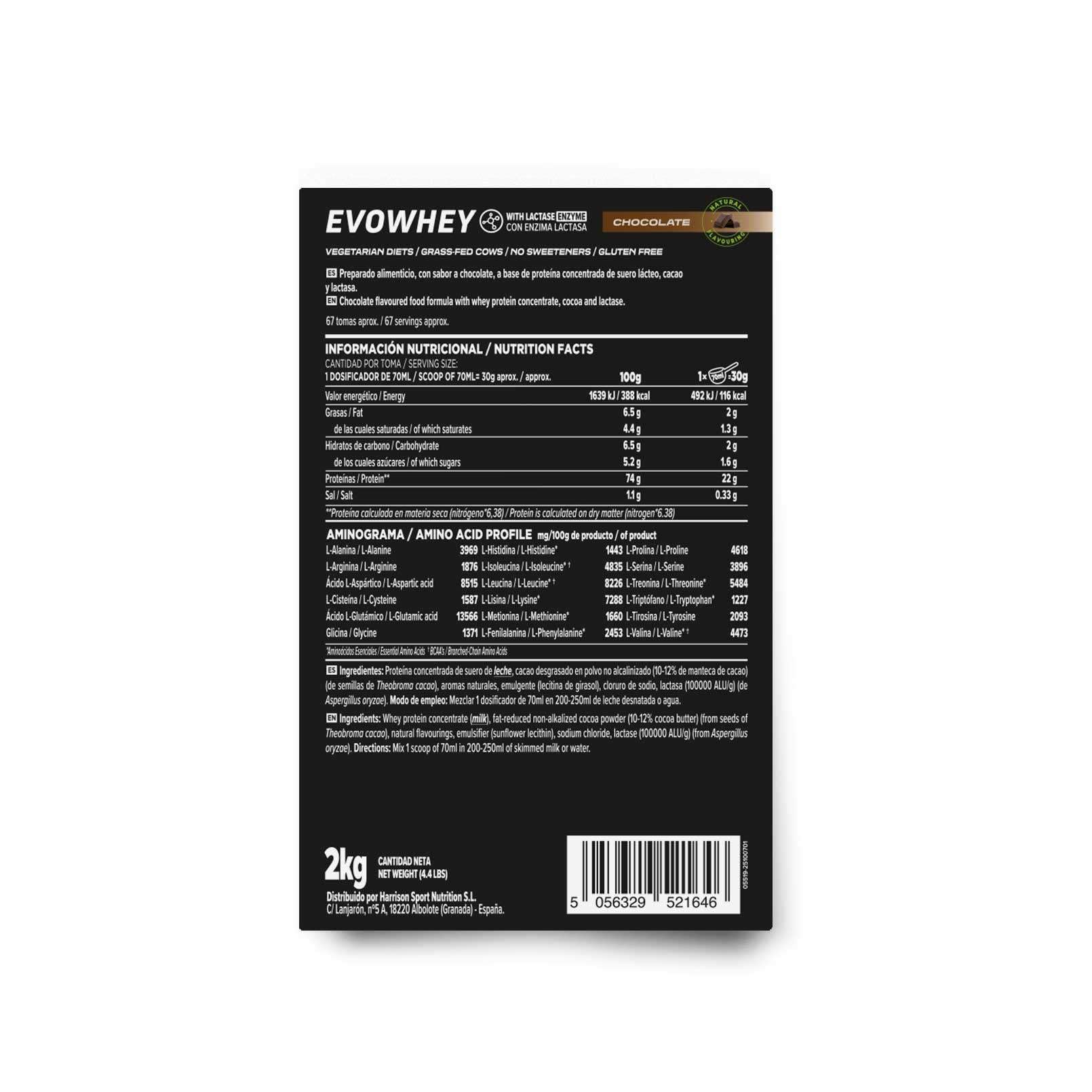 HSN Evowhey Protein Sin Edulcorantes | Chocolate 2Kg = 67 Tomas por Envase Concentrado de Proteína de Suero | 100% Whey Protein Concentrate | No-GMO, Vegetariano, Sin Gluten ni Soja
