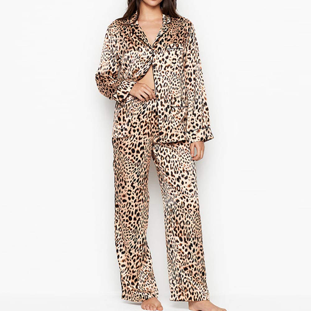 Pijamas De Mujer,Conjunto De Pijama De Satén De Seda Con Estampado De Leopardo,Pijama Con Botones,Ropa De Dormir,Cómoda Y Sedosa,Manga Larga / Manga Corta,Conjuntos De Ropa De Dormir Para Damas,Cor