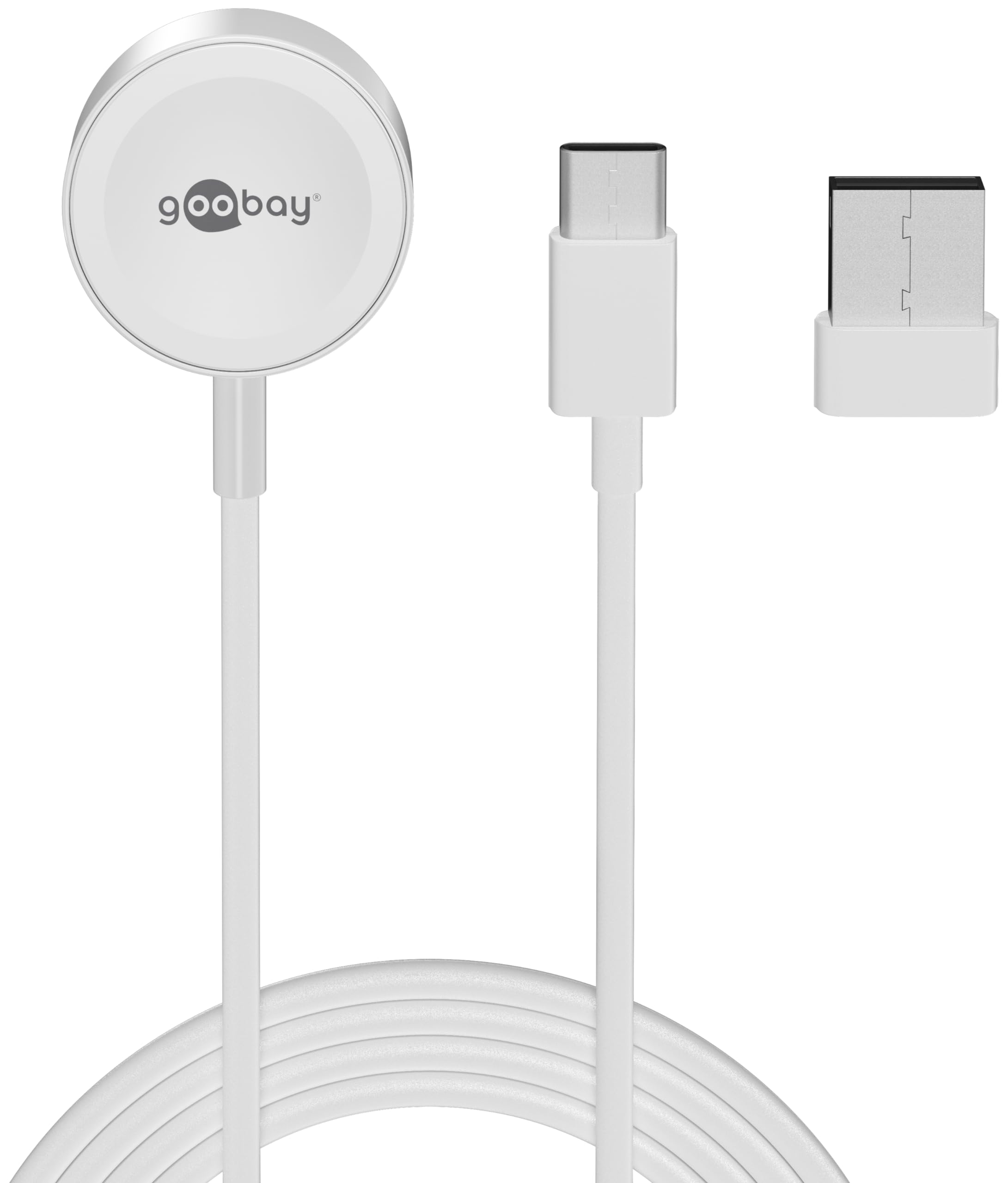 goobay 65343 Ładowarka do zegarka Apple Watch/bezprzewodowa ładowarka/kompatybilna ze wszystkimi modelami Apple Watch SE/8/7/6/5/4/3/2 / w zestawie adapter USB