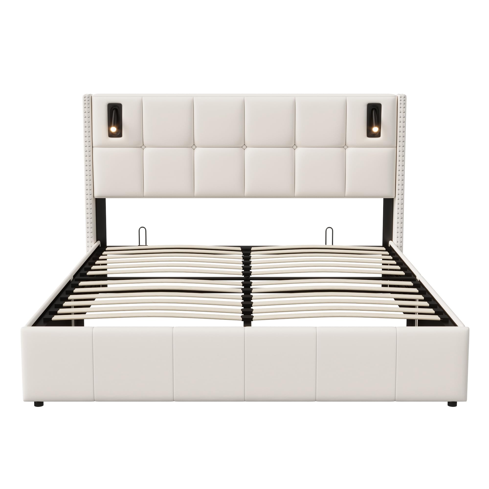 Cama Canapé Abatible 160x200 cm de Terciopelo Beige, Cama Tapizada de con Almacenaje Hidráulico, Cabecero con Luces LED de Lectura Regulables, Estructura de Madera y Somier de Láminas, Sin Colchón