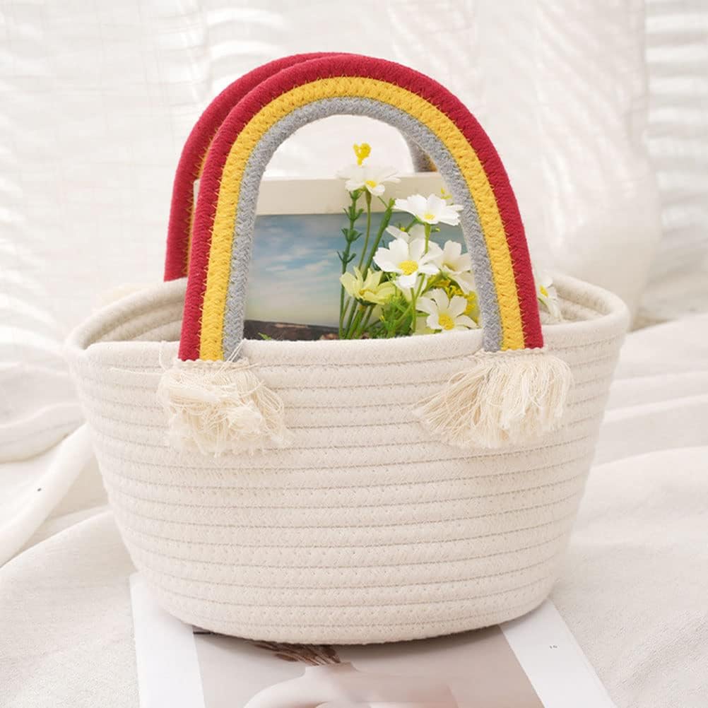 LUOZZY Woven Basket with Rainbow Handle Portable Storage Basket Handbag with Tassel for Nursery Room Toys Books Organization (Random Handle Color) (Pack of 2)