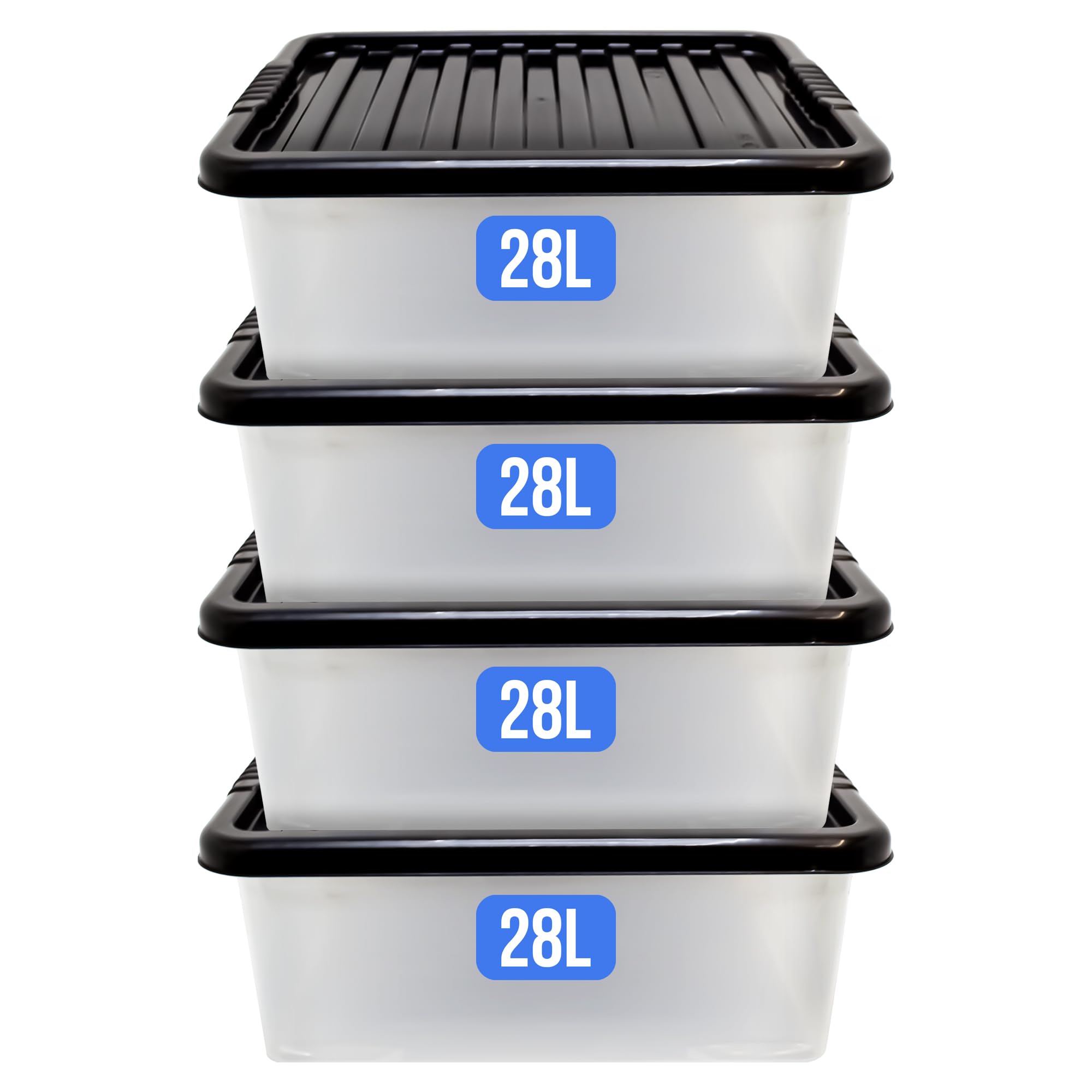 KMJ® 4 Pack-28L Under Bed Storage Box with Lid – Large Plastic Storage Box for Clothes, Shoes, Toys Etc.– Clear Underbed Storage Boxes with Lids – Stackable Storage Boxes Plastic