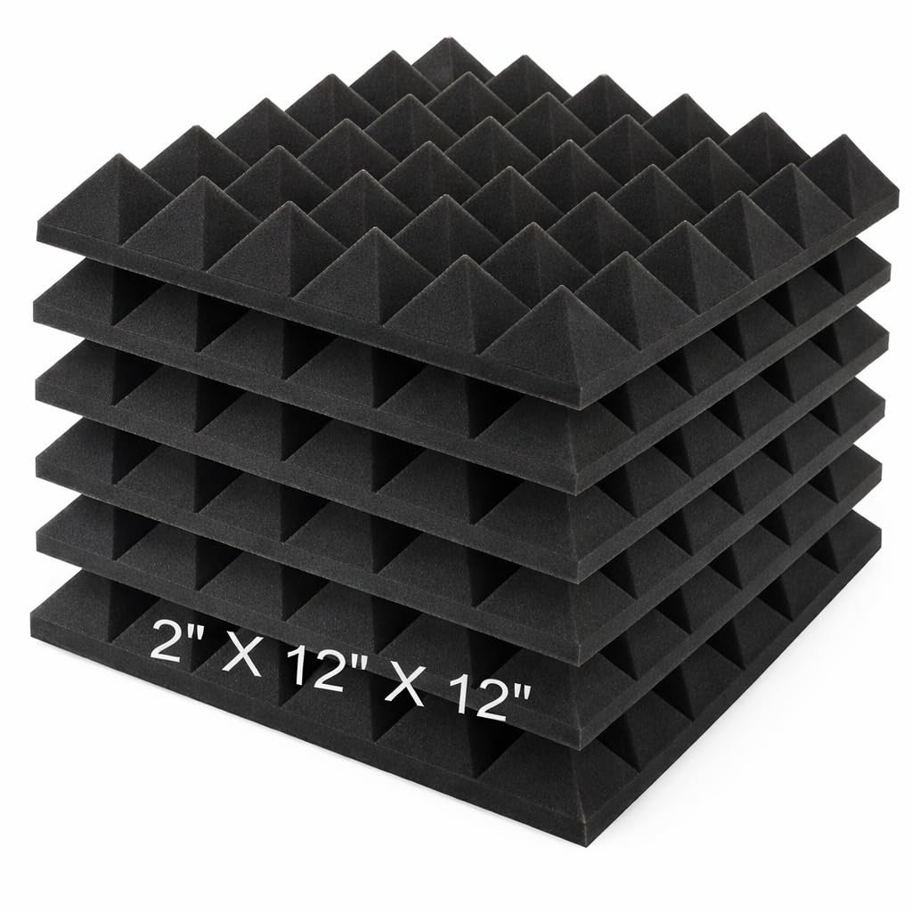 MOCKING BIRD 6 Pcs Acoustic Foam Panels 12" x 12" x 2" – High Density Pyramid Soundproof Foam Sheets, Eco Absorption Studio Wall Panel for Acoustic Room Treatment (6 Pcs, Black)