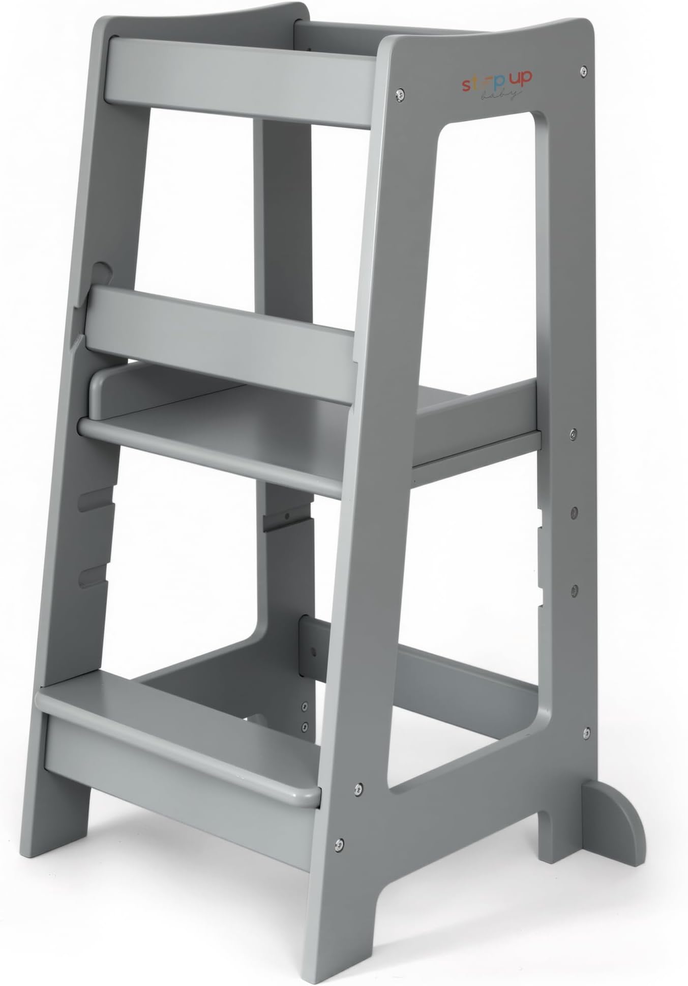Stepup Baby Montessori Toddler Tower Kitchen Helper with Adjustable Steps with Safety Rail, Solid Wood, Grey