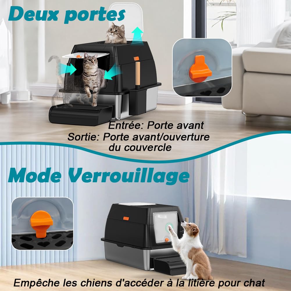 Bac Litiere pour Chat XL, Litière en Acier Inoxydable avec Couvercle, Bac Litiere pour Chat, Cat Litter Box, Pelle+Tapis+Marchepied- 60x40x39,5 cm (Noir)