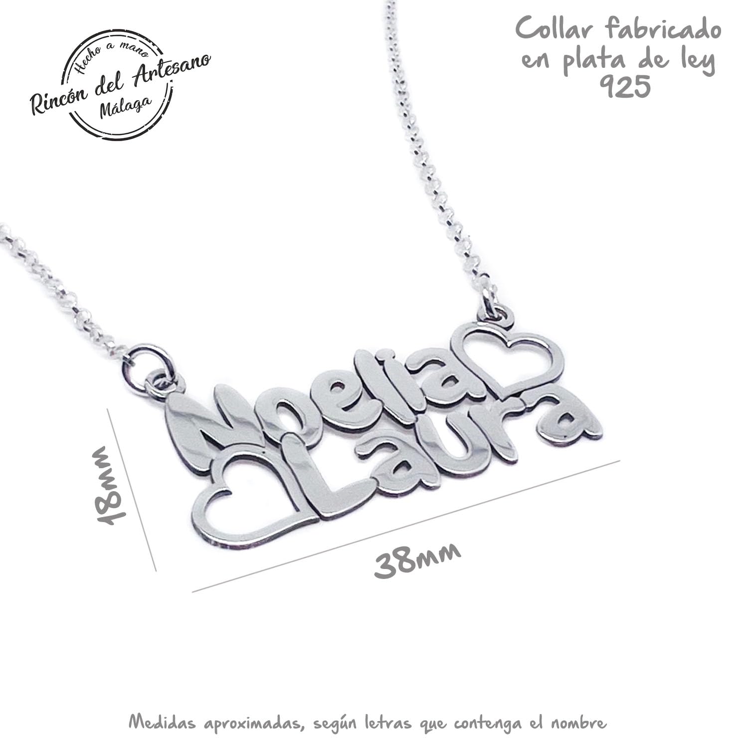 Collar Personalizado para Mujer con 2 Nombres – Plata de Ley 925/1000 – Hecho a Mano en Málaga – Colgante Exclusivo, Regalo Día de la Madre y Navidad Modelo Doble Nombre NO-LA + Cora
