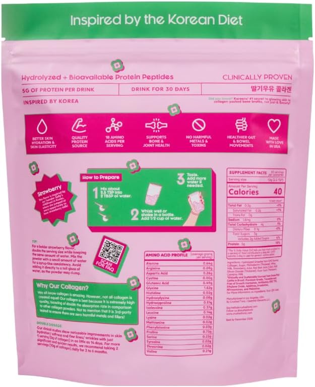 Crushed Tonic Marine Collagen Powder Korean Beauty Drink with Hydrolyzed Collagen Peptides for Skin, Hair & Nails | Gluten-Free, Halal & Kosher (Strawberry Milk, 30 Servings (150 g), Pouch)