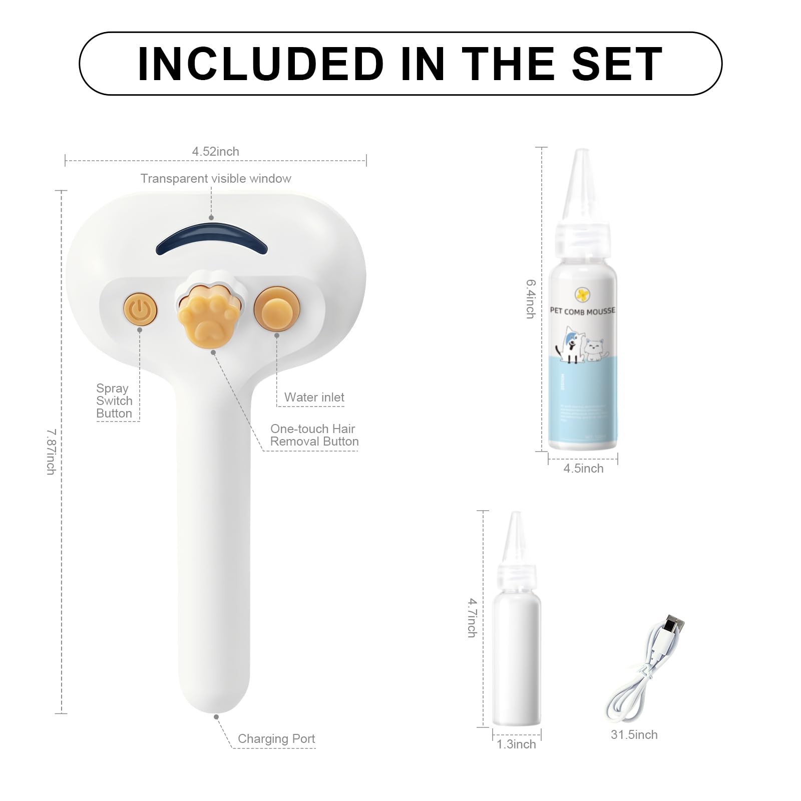 Cepillo de vapor para mascotas para perros y gatos, peine de depilación en aerosol 3 en 1, vapor para desprendimiento y aseo, cepillo de agua para mascotas de pelo largo y corto, peine Spritz Defur