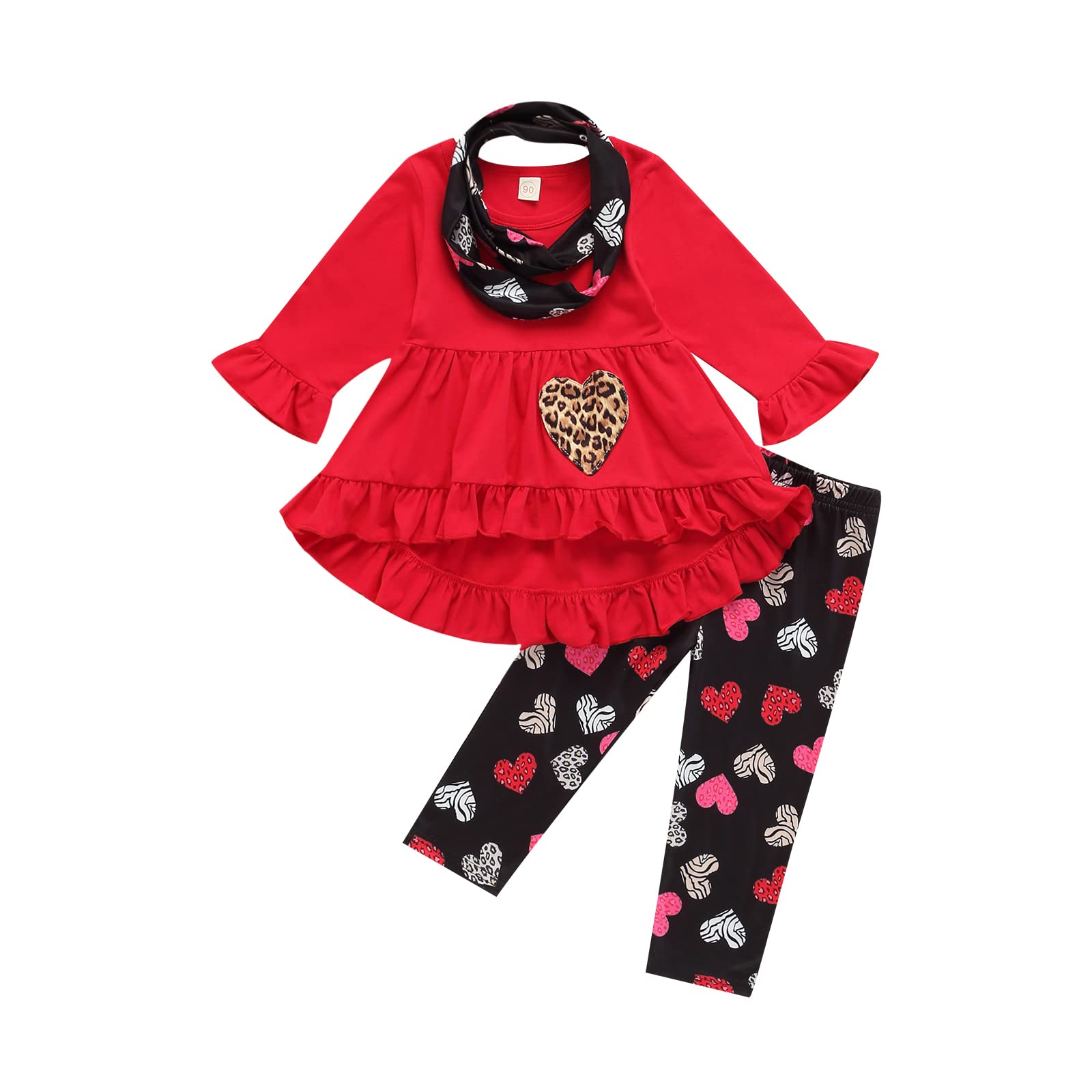 Valentine's Day Girls Outfits Long Sleeve Ruffle Hem Pullover + Heart Printed Pant + Bib Toddler Kids Clothes Set Baby Girl 3 Piece Outfit