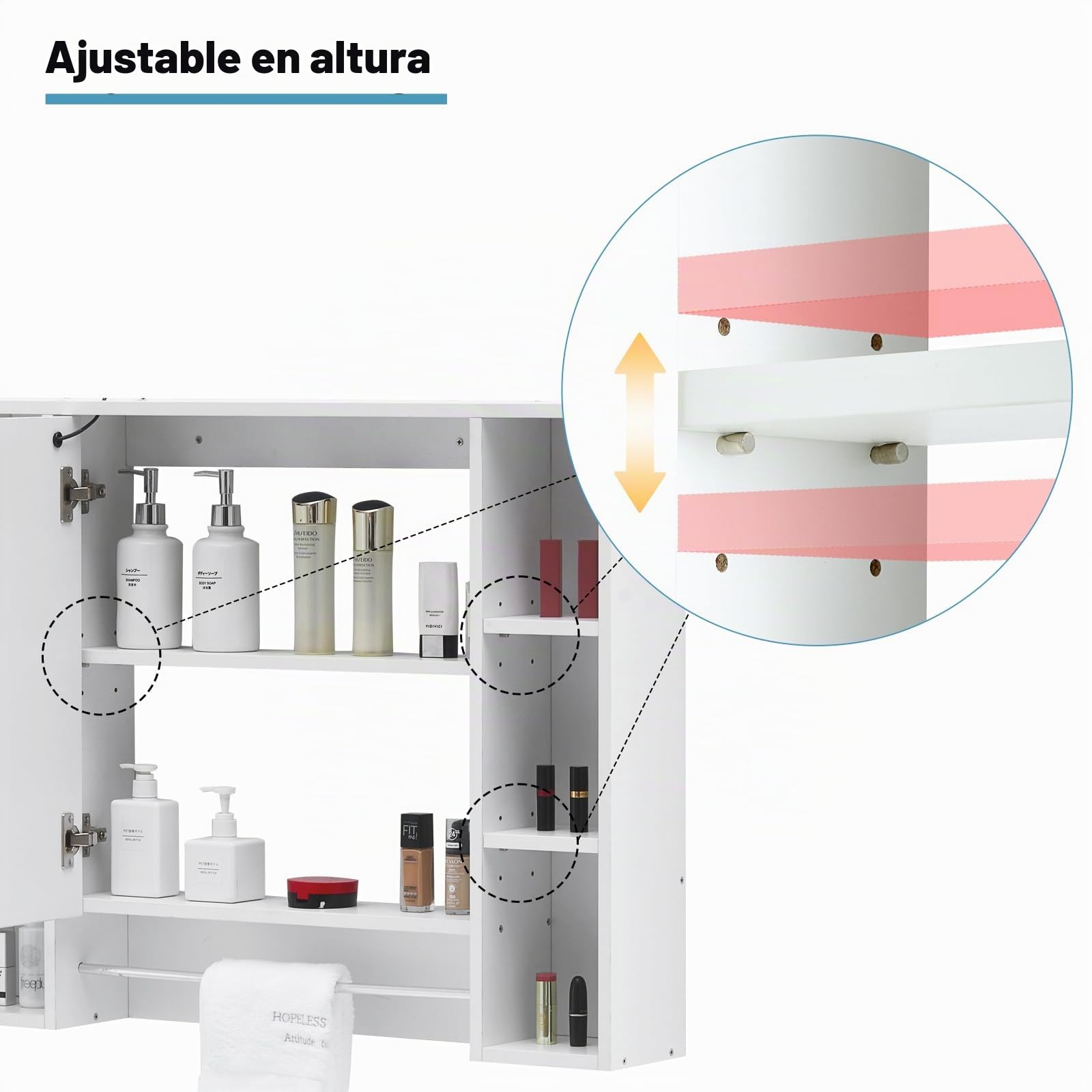 Armario de Baño Espejo con luz LED y toallero 6 Almacenamiento Abierto, Armario de Almacenamiento montado en la Pared, gabinete de Pared de 1 Puerta con estantes Ajustables, Muebles de baño y Ducha